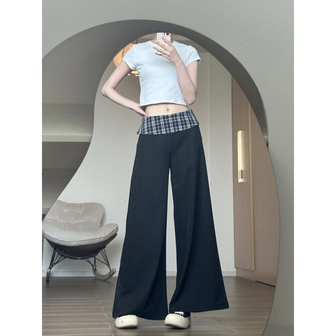 美式黑色格纹拼接西装裤女夏季新款高腰宽松慵懒风垂感阔腿休闲裤