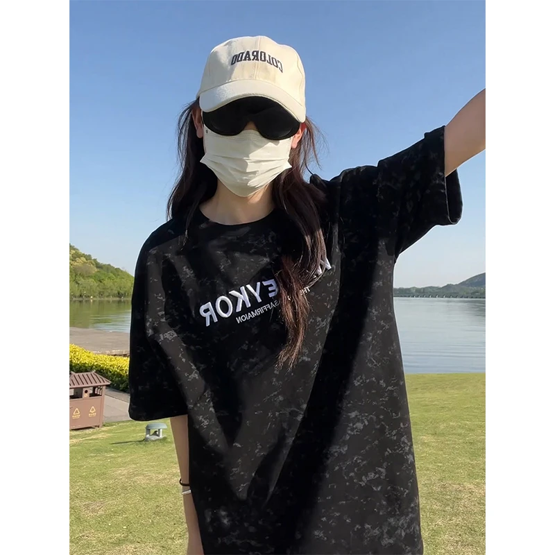美式高街扎染情侣T恤男夏潮牌刺绣短袖体恤oversize百搭纯棉半袖