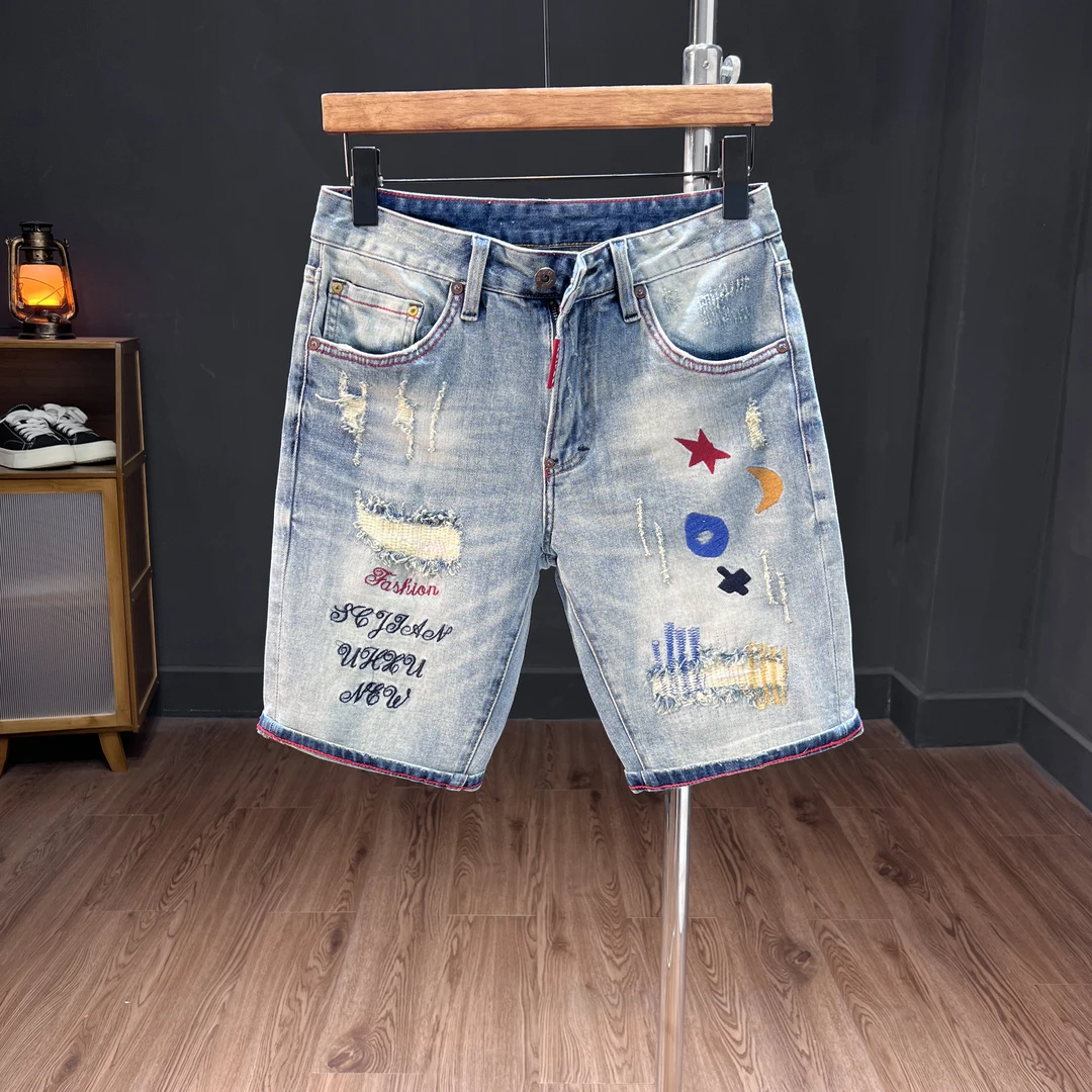 弹力牛仔五分裤男 修身直筒男士复古水洗牛仔短裤夏季ins潮大码