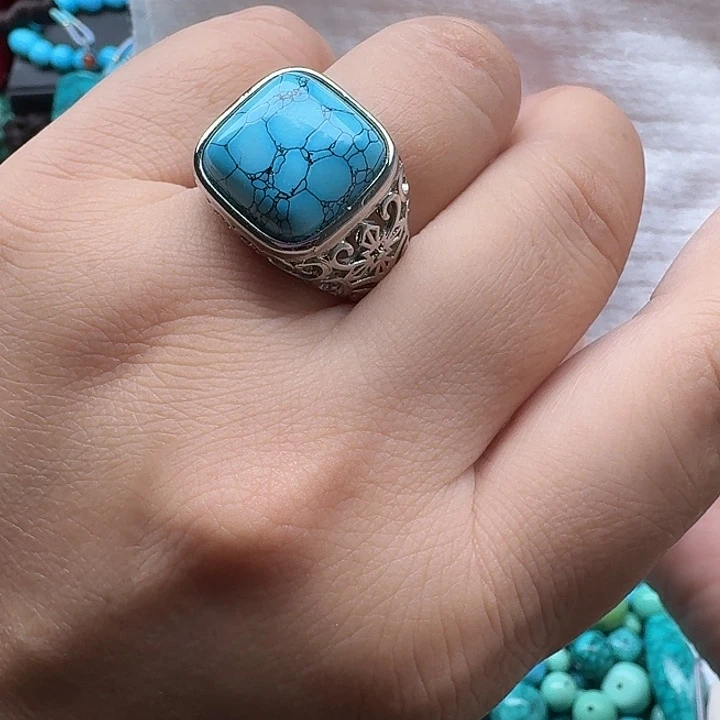 蓝网花纹方形戒指男女通用款，戒托可调节大小