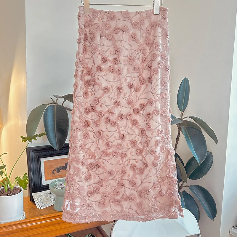 25BQ3456立体玫瑰盘条设计感半身裙女春温柔风气质高腰中长款裙子