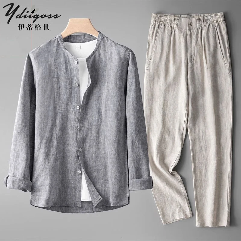YDIIGOSS纯亚麻长袖衬衫两件套男士春夏季款宽松休闲外套直筒长裤