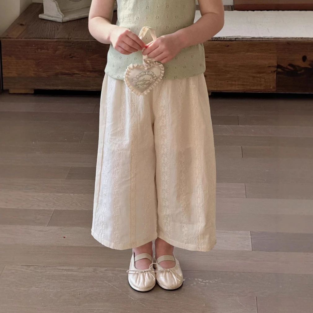 女童裤子2025夏季新款韩版儿童薄款阔腿裤宝宝全棉刺绣蕾丝九分裤