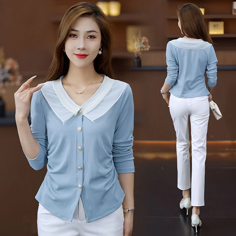 娃娃领小香风开叉长袖T恤女2025早春新款洋气小个子修身打底衫潮