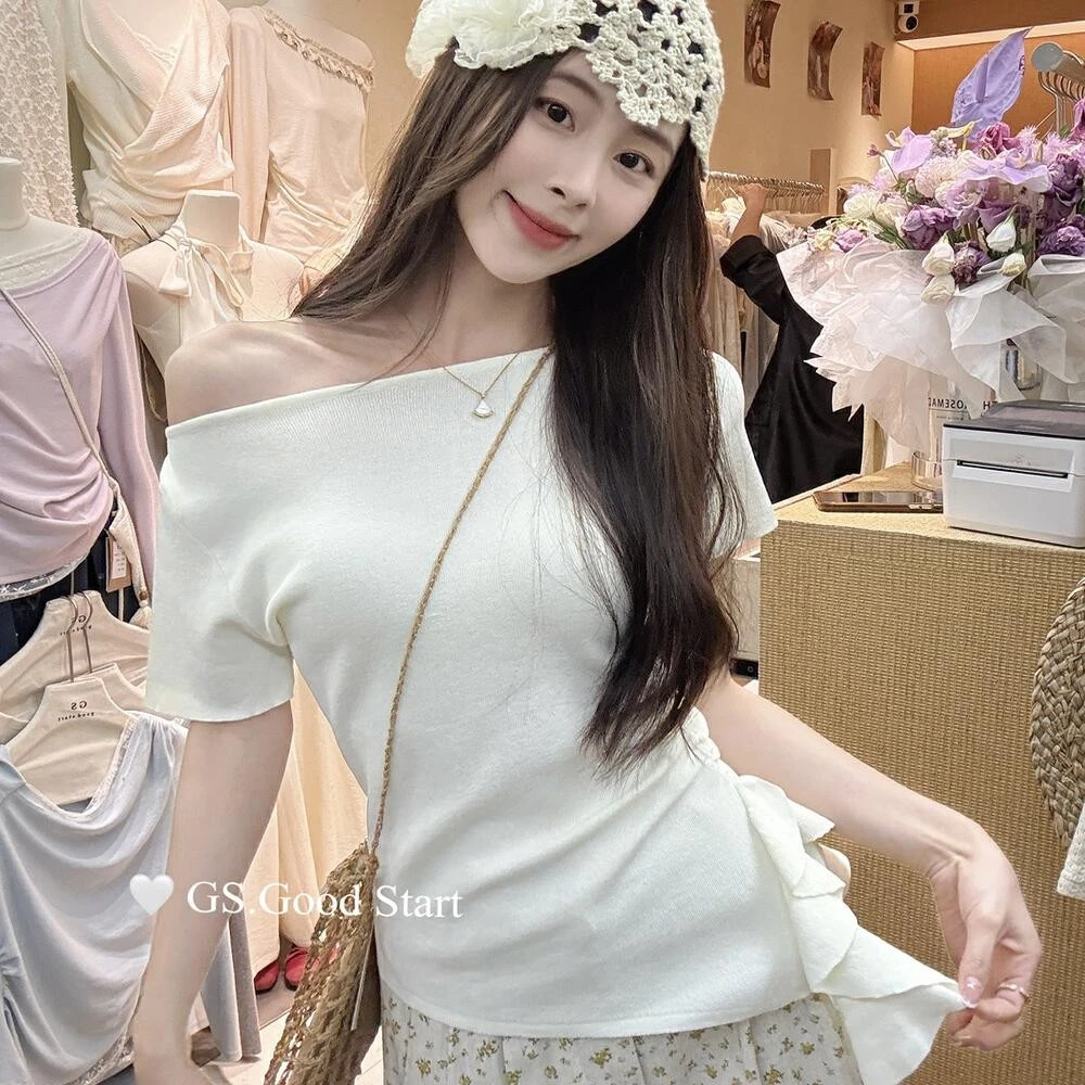 法式设计感圆领短袖针织衫女春季2025新款气质显瘦打底衫别致上衣