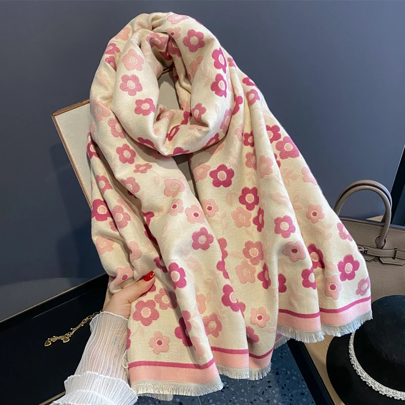 法国轻奢甜美秋冬季双面羊绒围巾女式加厚保暖披肩百搭学生围脖潮