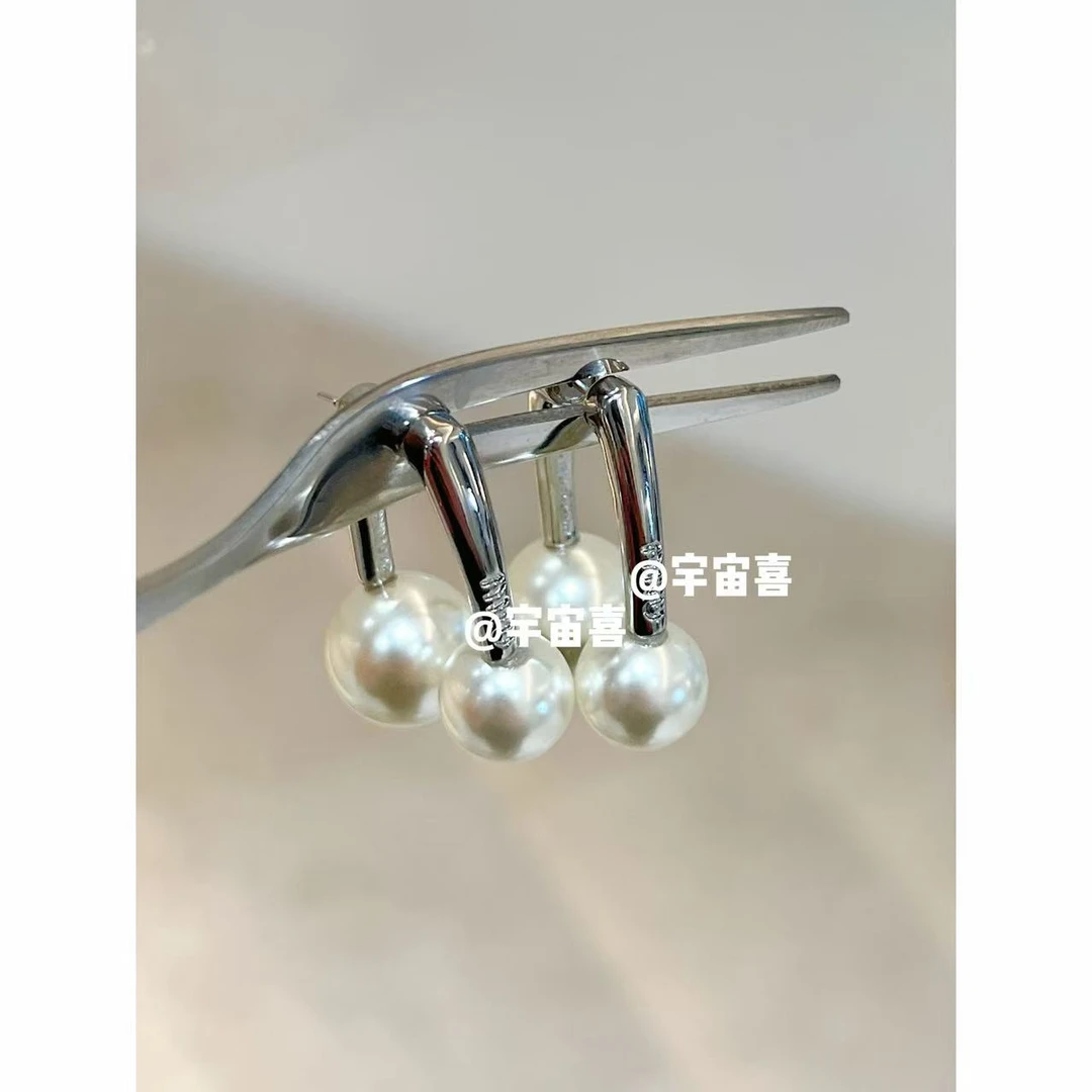 铜合金仿珍珠耳饰 E1-103【小m一大一小金属贝珠前后耳钉】银色