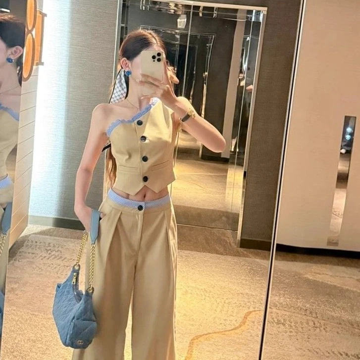 老钱风穿搭一整套女夏季显瘦百搭拼接腰头阔腿休闲裤斜肩上衣套装