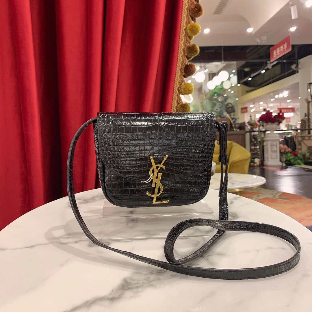 95新 YSL/圣罗兰 GGS马鞍小号黑金鳄鱼压纹单肩包99312886