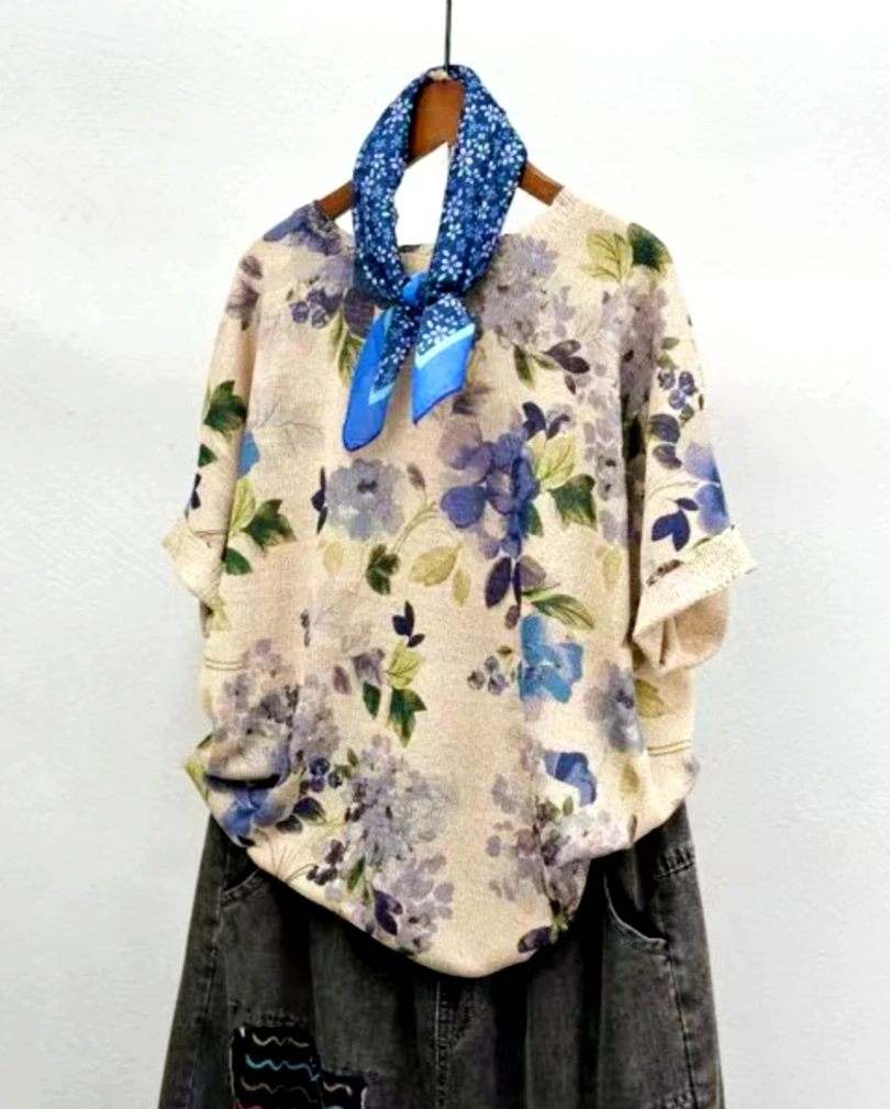 印花时尚圆领5分袖T恤