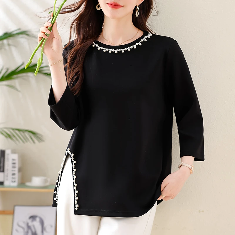 欧洲站中长款打底衫女春装重工串珠开叉七分袖气质大码卫衣上衣