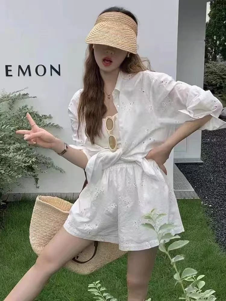 镂空钩花白色宽松防晒衬衫女夏季松紧腰阔腿休闲裤两件套休闲百搭