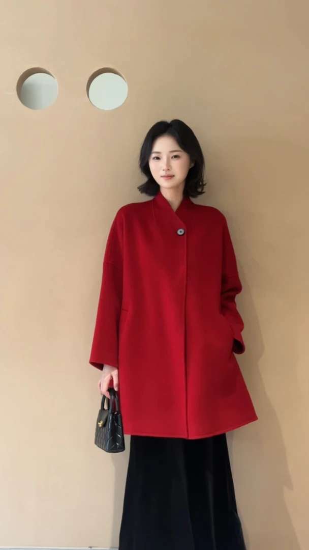 【张七七】双面呢羊毛大衣女秋冬款手缝宽松版斗篷款保暖毛呢外套