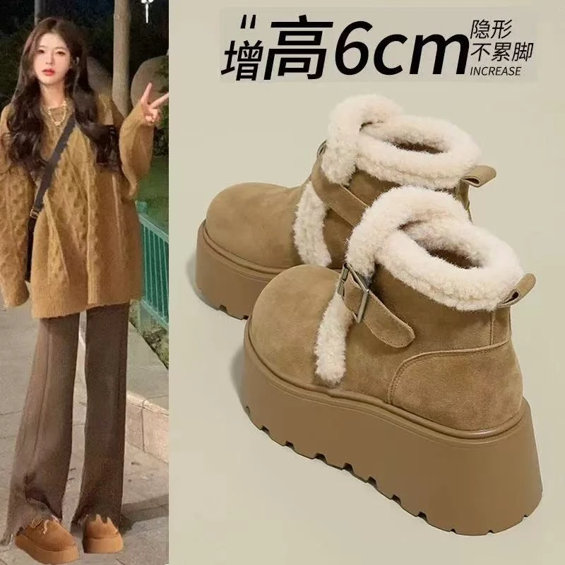 6cm厚底增高雪地靴女2025冬季新款加绒加厚防滑短靴勃肯保暖棉鞋
