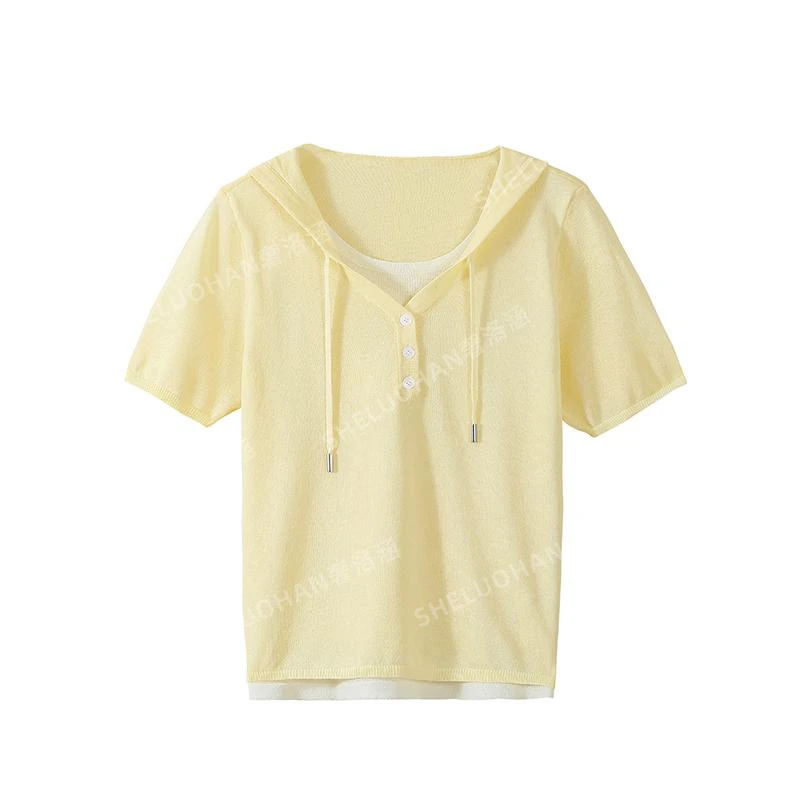 学院风连帽抽绳短袖针织衫女夏季薄款法式慵懒宽松休闲防晒上衣薄