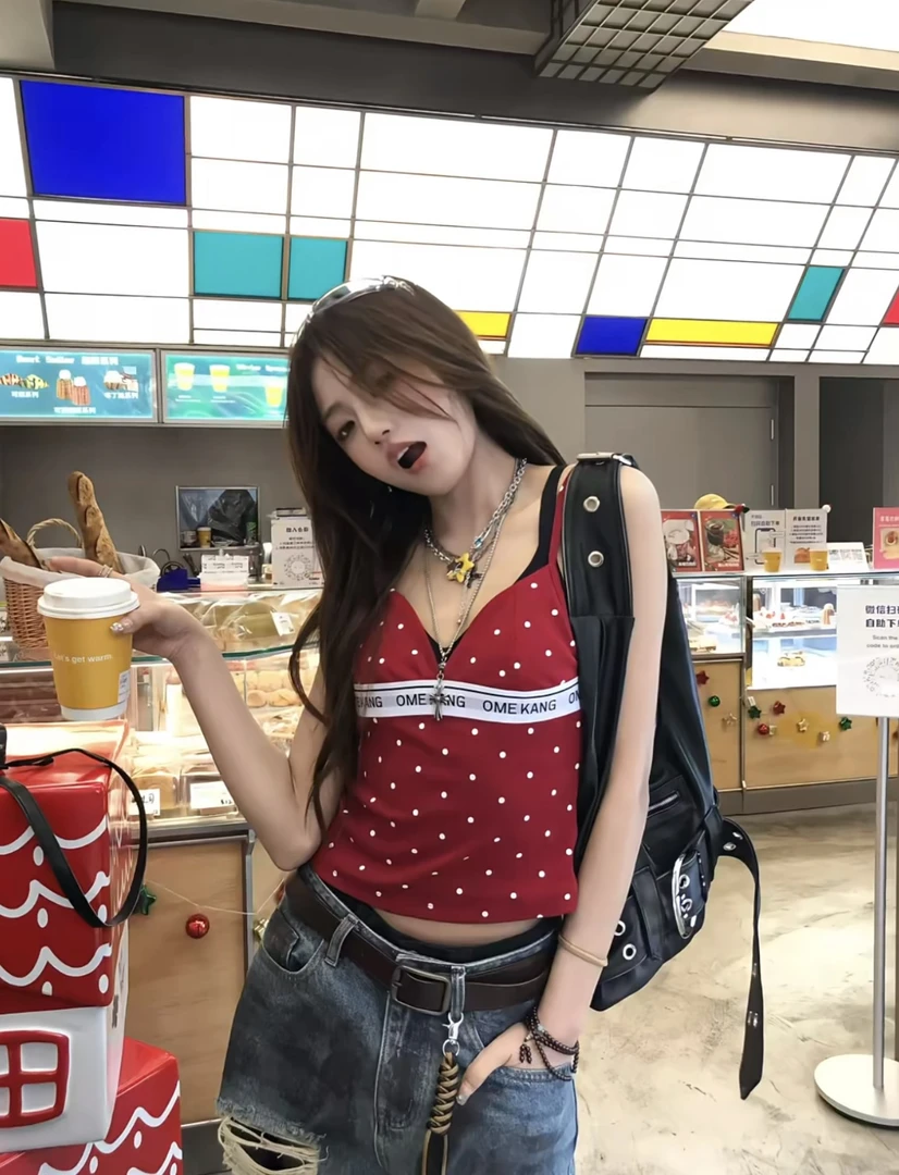 【主播内搭】带胸垫高品质弹力带波点吊带背心上衣