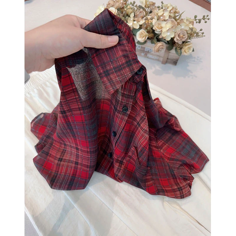 【格子防晒衬衫-红格】夏季时尚洋气休闲网红显瘦针织衬衫