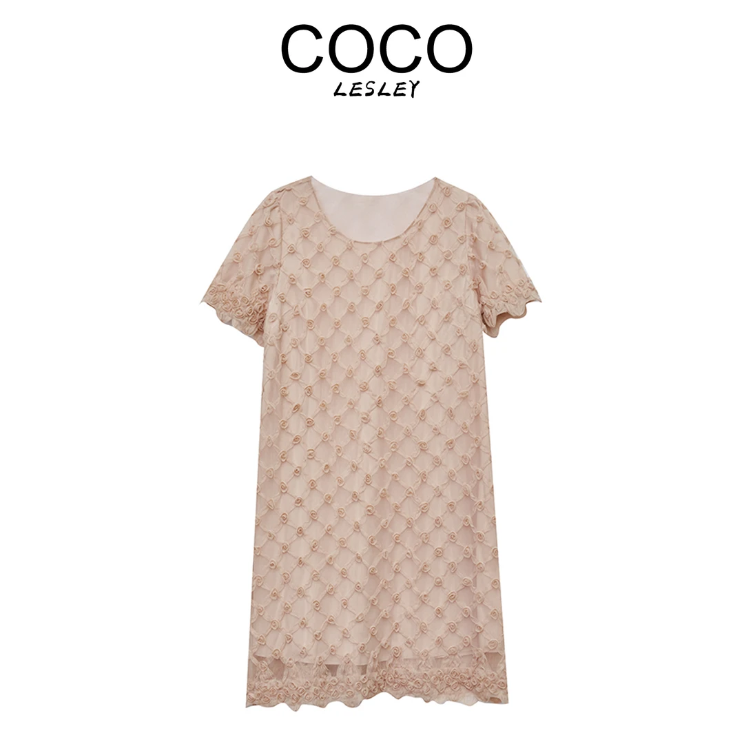 【薇姐专属】显瘦时尚百搭网纱立体花朵连衣裙  0774