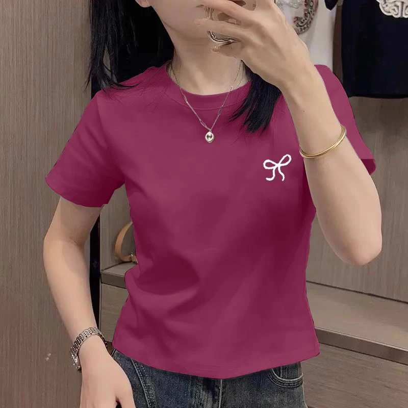 树莓红正肩短袖t恤女夏季胖mm大码体恤洋气时尚印花修身显瘦上衣