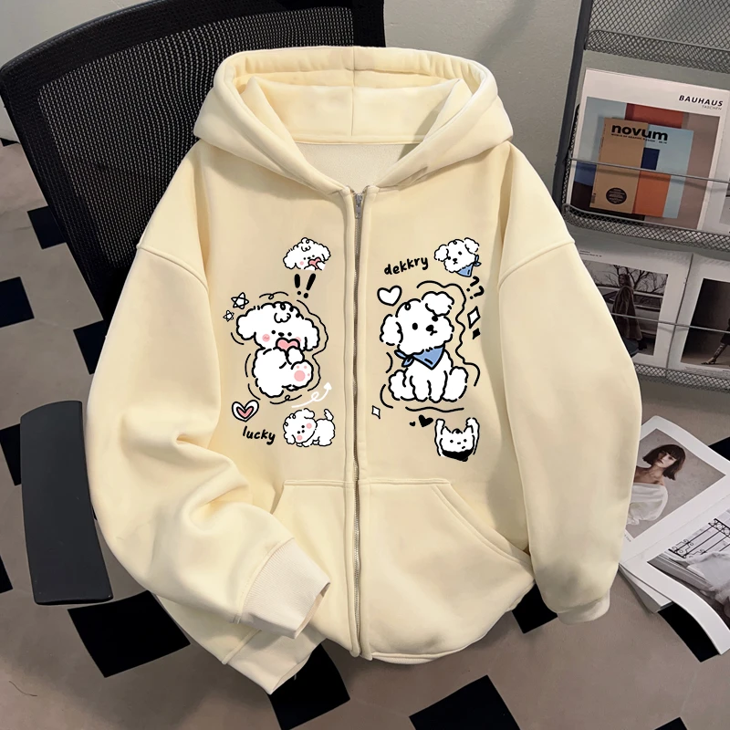 Dekkry秋冬可爱狗狗印花流行爆款连帽开衫卫衣男女百搭情侣装外套