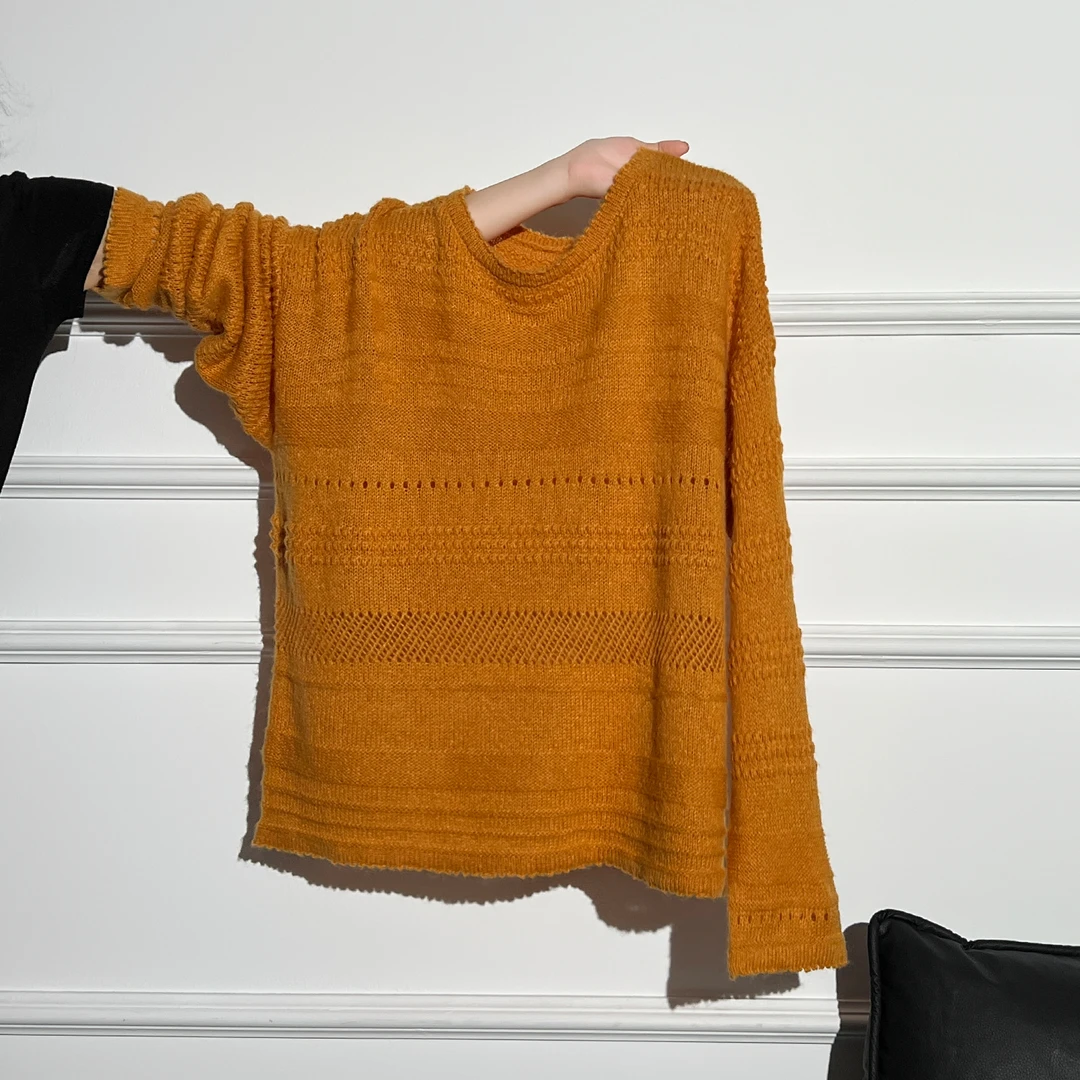 设计感橘色勾花镂空针织衫女2025年秋季慵懒感宽松套头毛衣外穿