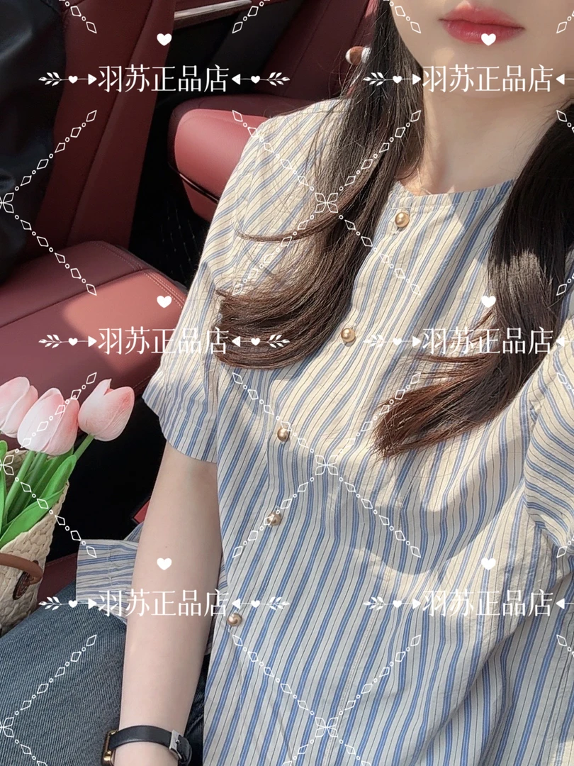 韩里韩气~小个子韩国棉小众设计条纹短款短袖衬衣衬衫气质