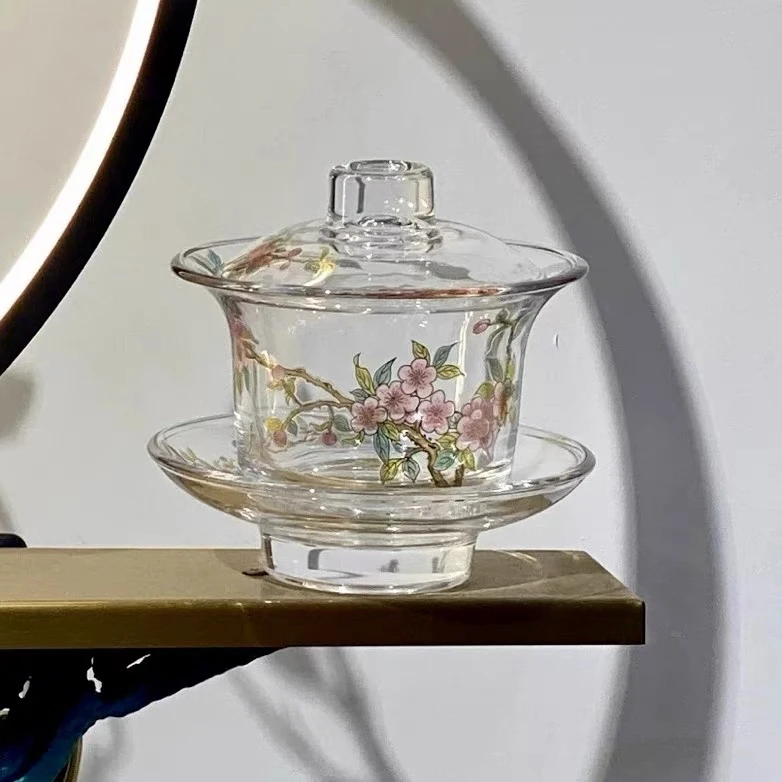 桃李春风玻璃盖碗