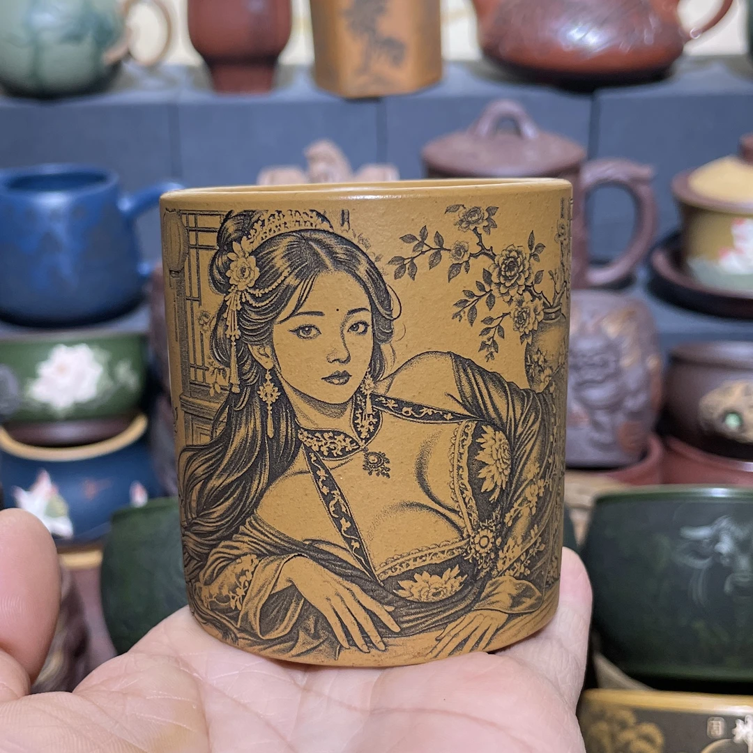 紫砂原矿黄金朱泥刻绘美人160cc直筒主人杯纯手工大容量美女茶杯