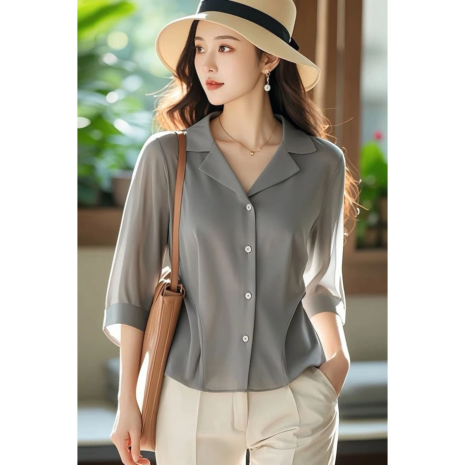 法式新款七分袖衬衫春夏季女装高级灰色别致气质开衫衬衣上衣别致
