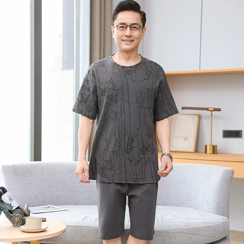 男士睡衣夏季纯棉短袖短裤薄款套装中老年大码爸爸夏款舒适家居服