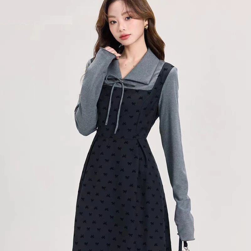 大码赫本风气质假两件连衣裙春新款高级感翻领长裙1700