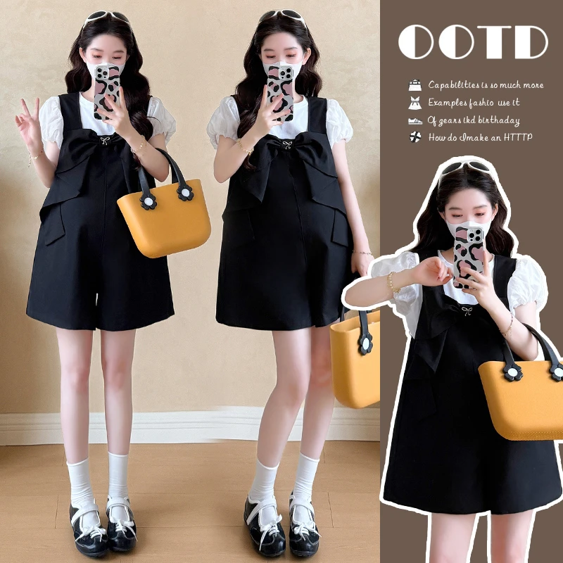 2025新款孕妇装夏季减龄立体蝴蝶结宽松背带裤泡泡袖T恤孕妇套装