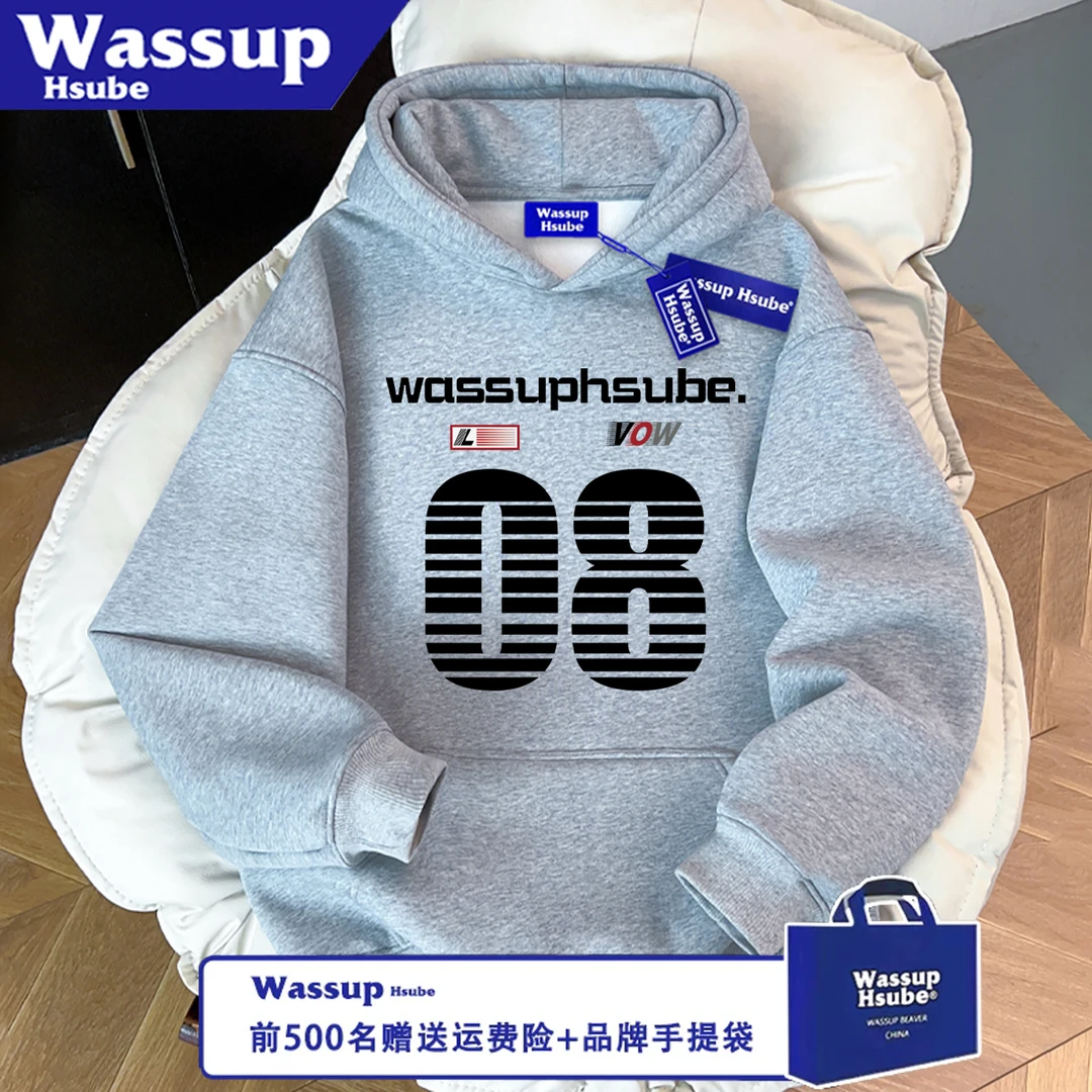 WASSUP HSUBE休闲潮流宽松印花线条美式字母长袖秋冬卫衣情侣上衣