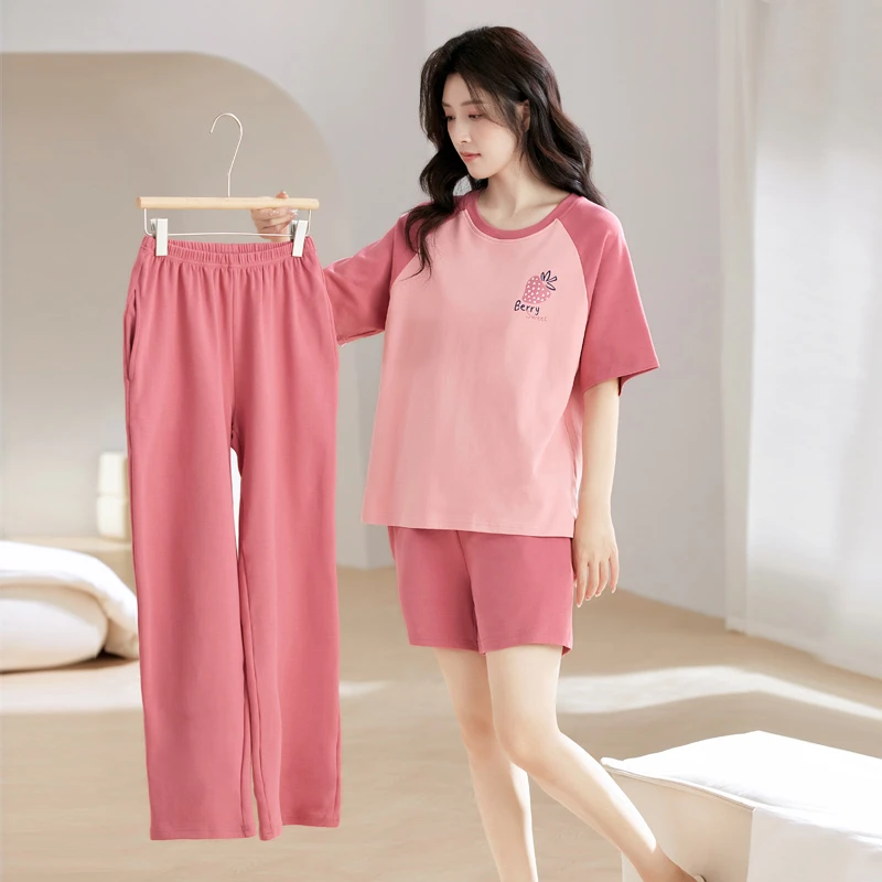 夏季新款睡衣女短袖短裤长裤三件套舒适休闲家居服套装6431H