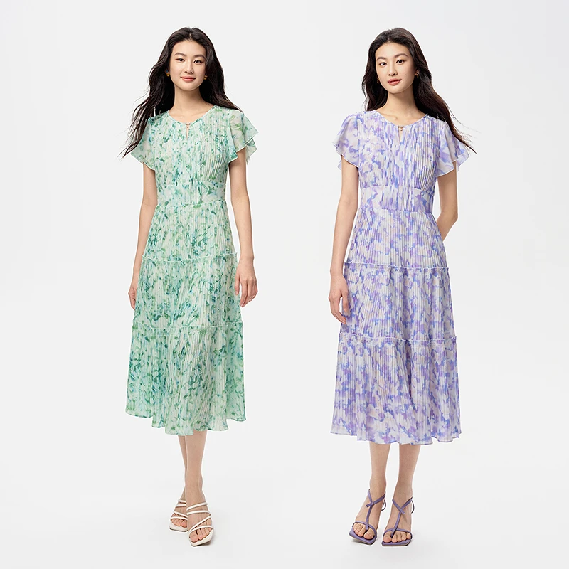 【诗意流动】珂莱蒂尔法式V领紫色印花收腰连衣裙KF12697R1