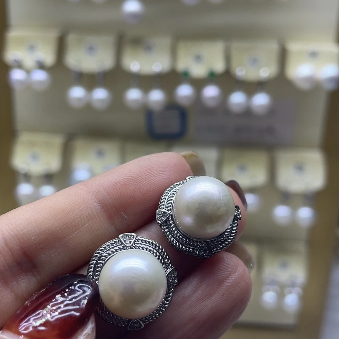 耳饰银S925镶嵌海水珍珠