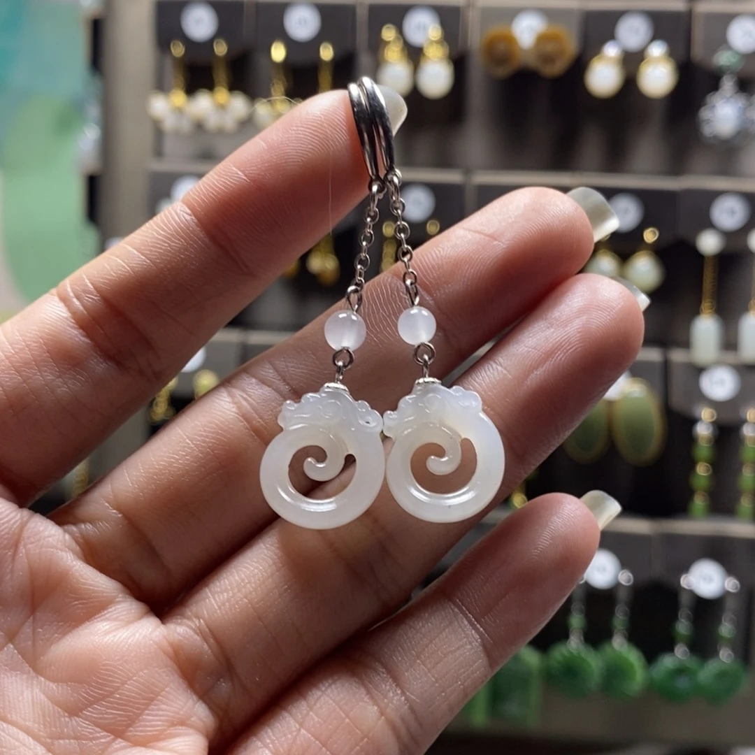 和田玉耳饰银S925镶嵌L**丶