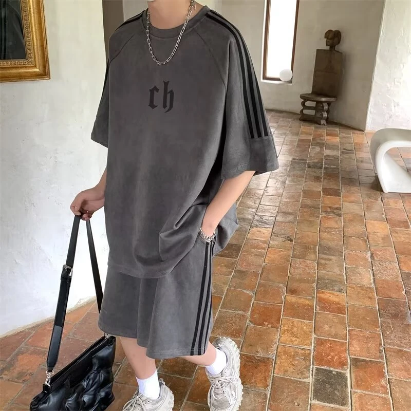 青少年短袖短裤夏季休闲运动套装休闲灰色情侣清百搭ins大码潮流