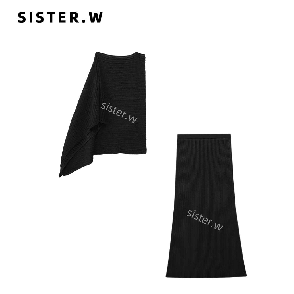 简约风宽松条纹不规则针织衫上衣+半裙 两件套 6080