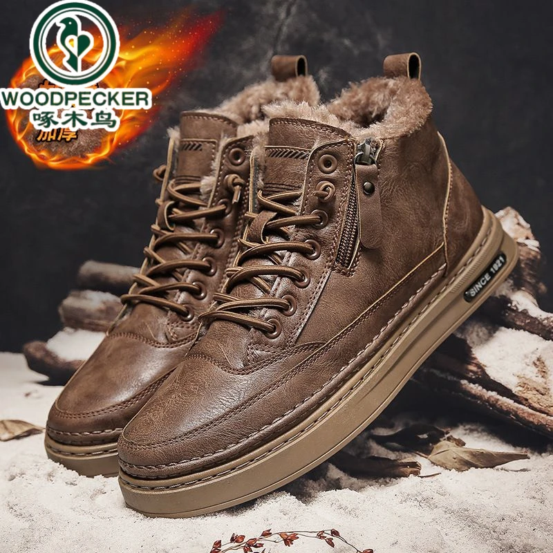 【正品】啄木鸟男鞋高帮冬季加绒东北棉鞋棉靴子男款男士鞋子皮鞋