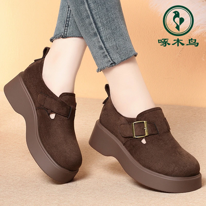 啄木鸟春季新款厚底乐福鞋勃肯鞋英伦风小皮鞋百搭软底女士单鞋