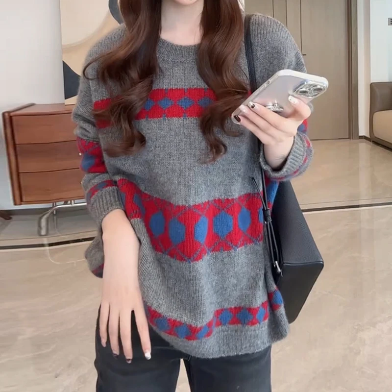 复古宽松氛围感慵懒套头针织衫女2025秋季新款圆领撞色菱格上衣