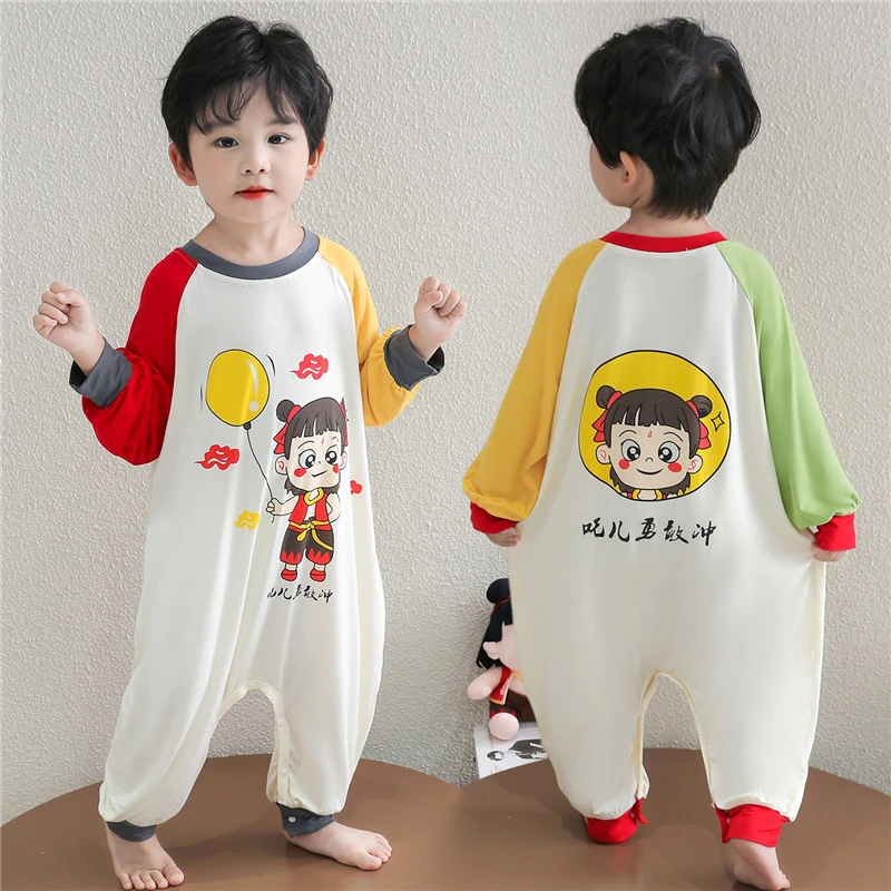 莫代尔儿童连体睡衣薄款春夏长袖空调服男孩宝宝婴儿宽松春秋睡袋