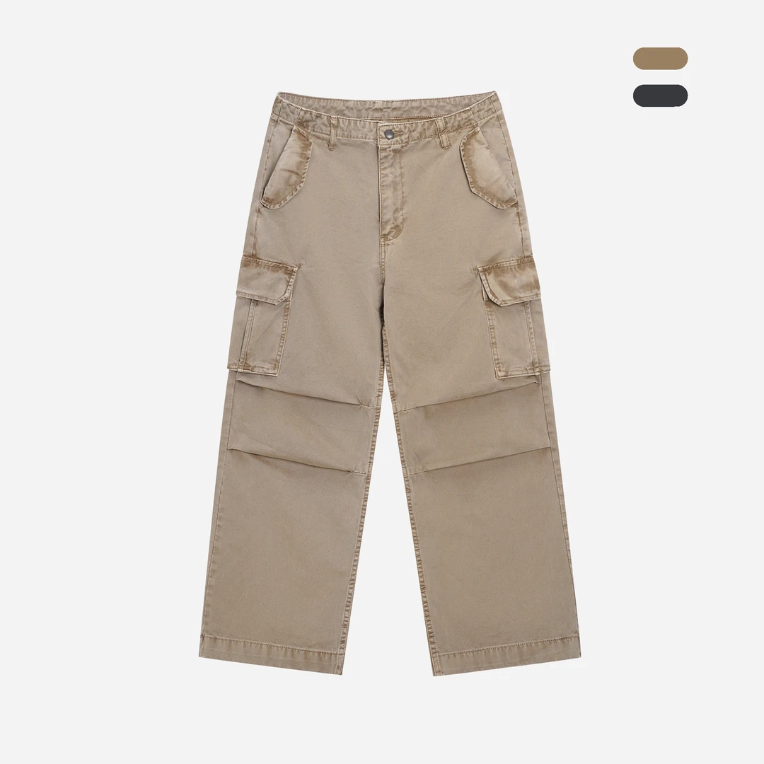 ATHIRI 蜡染复古水洗做旧立体剪裁宽松直筒口袋伞兵工装裤Cargo
