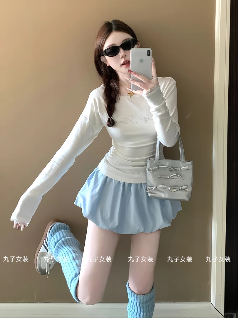 2025新款早春穿搭一整套女装辣妹斜肩T恤长袖上衣系带蓬蓬半身裙