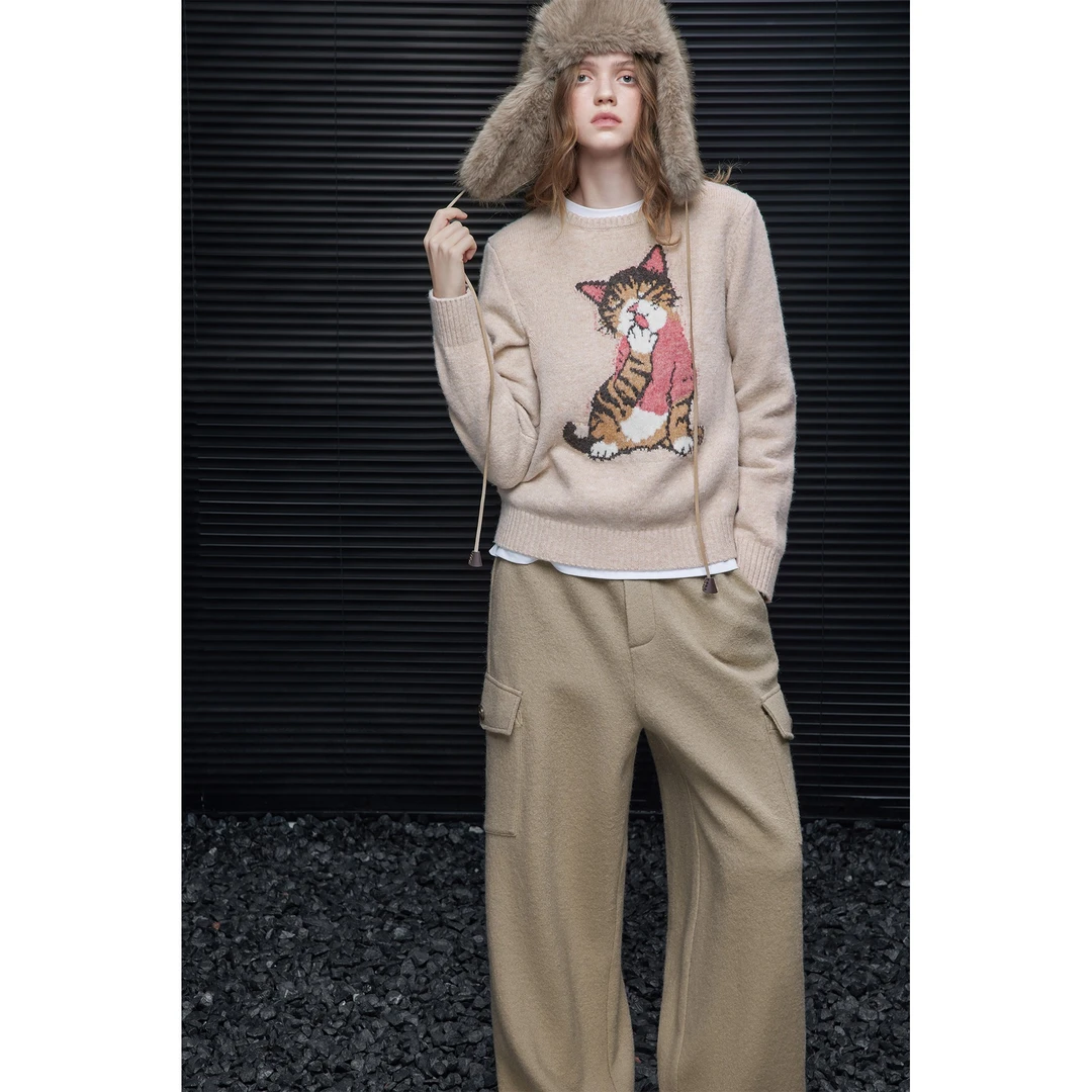 moment卡其色提花撞色毛衣针织衫女2025秋冬新款小众设计感别致