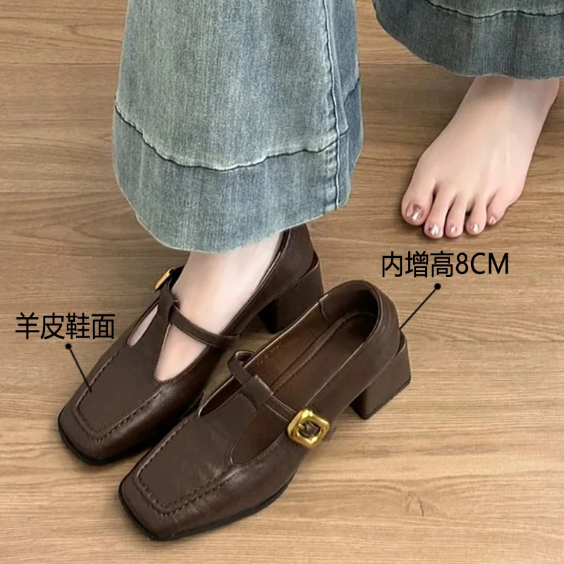 【法国设计师】羊皮版内增高8cm复古方头气质高跟玛丽珍鞋浅口一