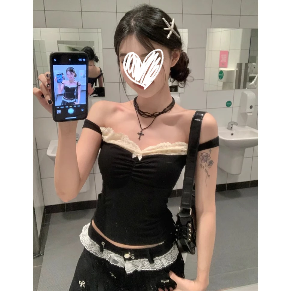 辣妹一字肩两穿蕾丝拼接吊带背心女夏内搭修身显瘦外穿无袖上衣