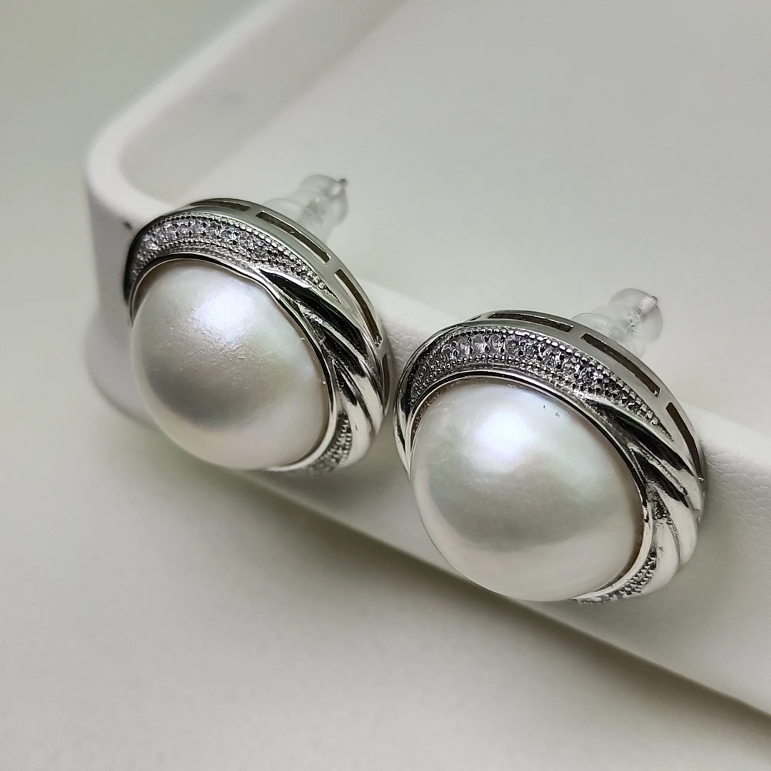 【瑞米珍珠】海水银镶马贝耳钉15-16mm