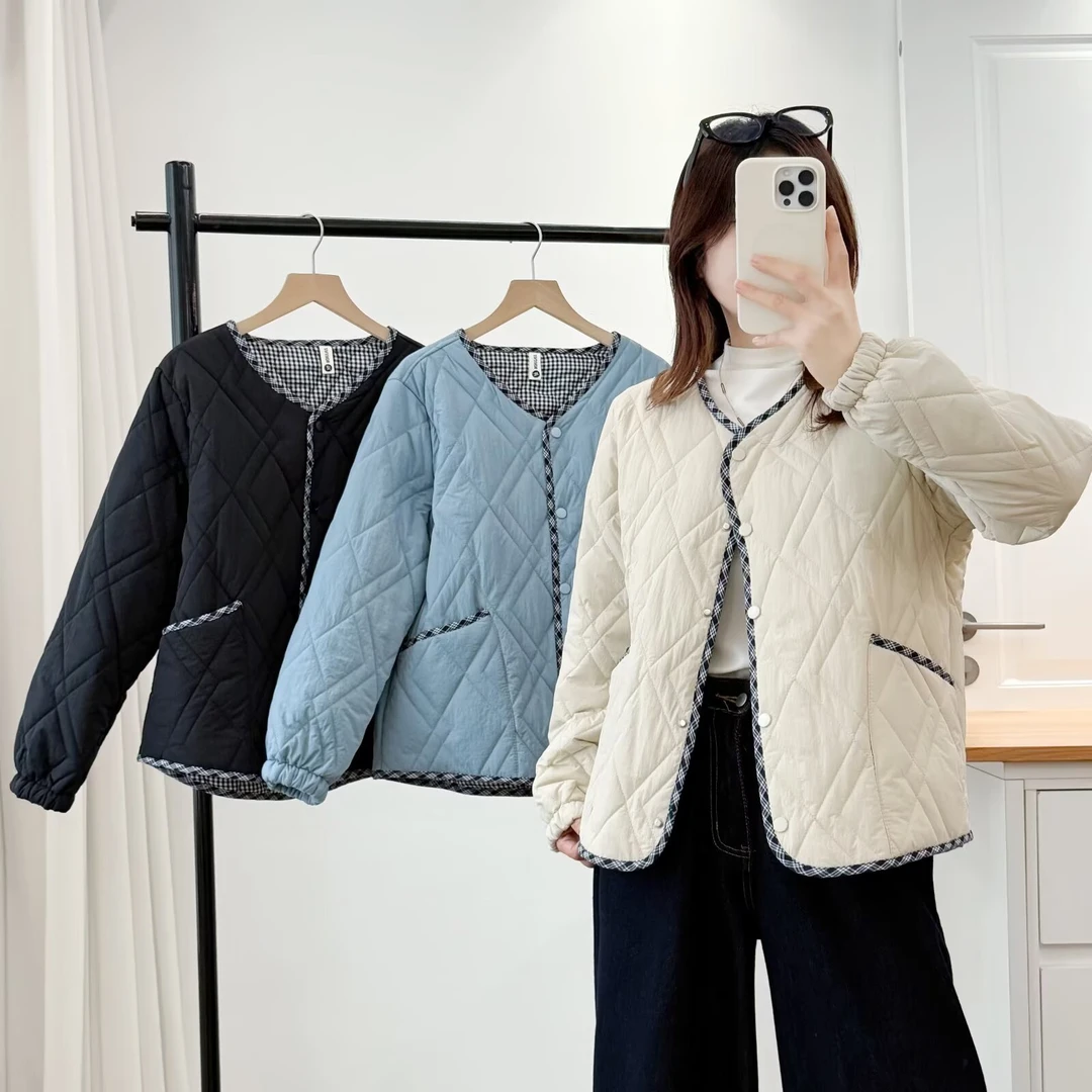 JIANAOBEN/简澳本大码女装宽松百搭拼接小香风轻薄保暖棉衣外套